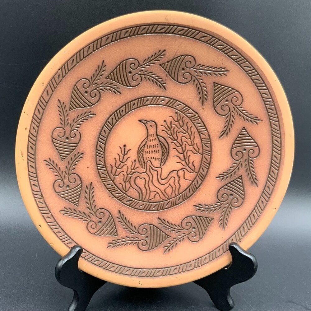 Handmade Signed Terra Cotta Etched Bird Plate Wall Hanging Central Asia